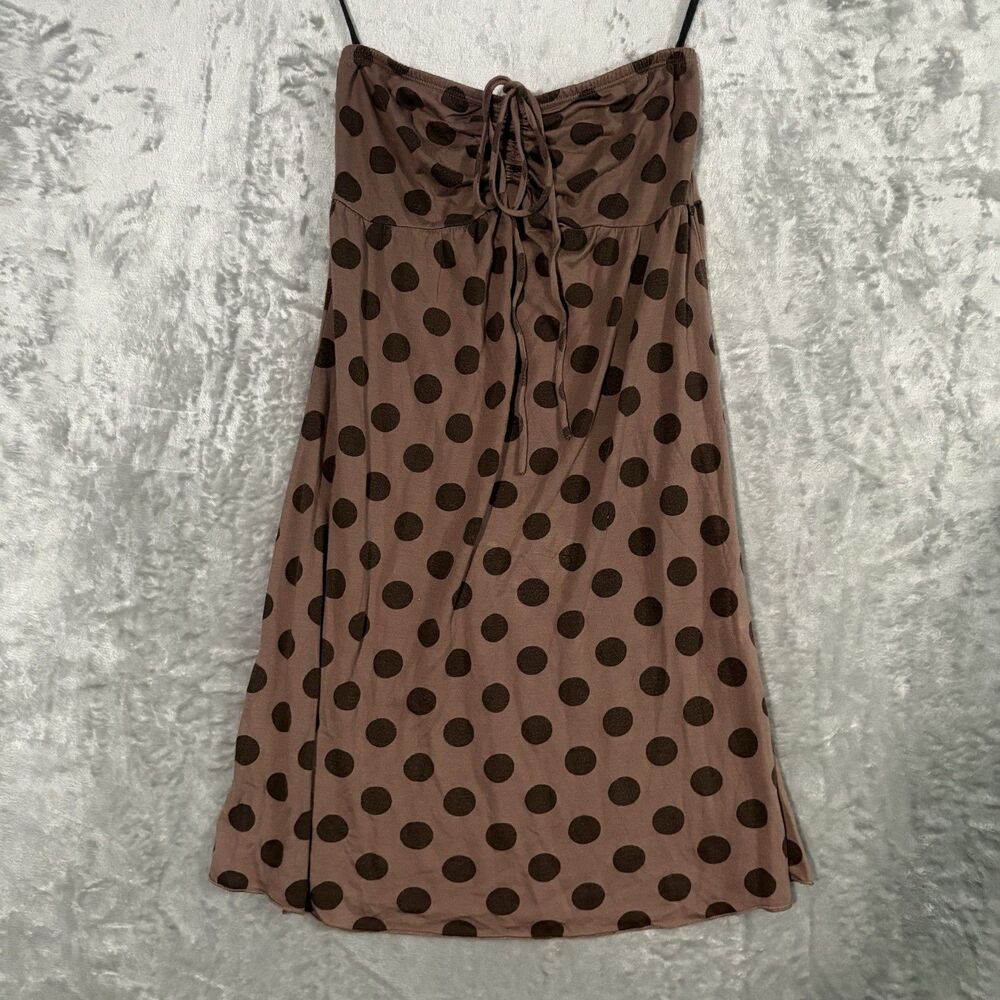 Ocean Drive Tube Top Dress L Brown Polka Dot Strapless Ruched Keyhole Tunic Y2K